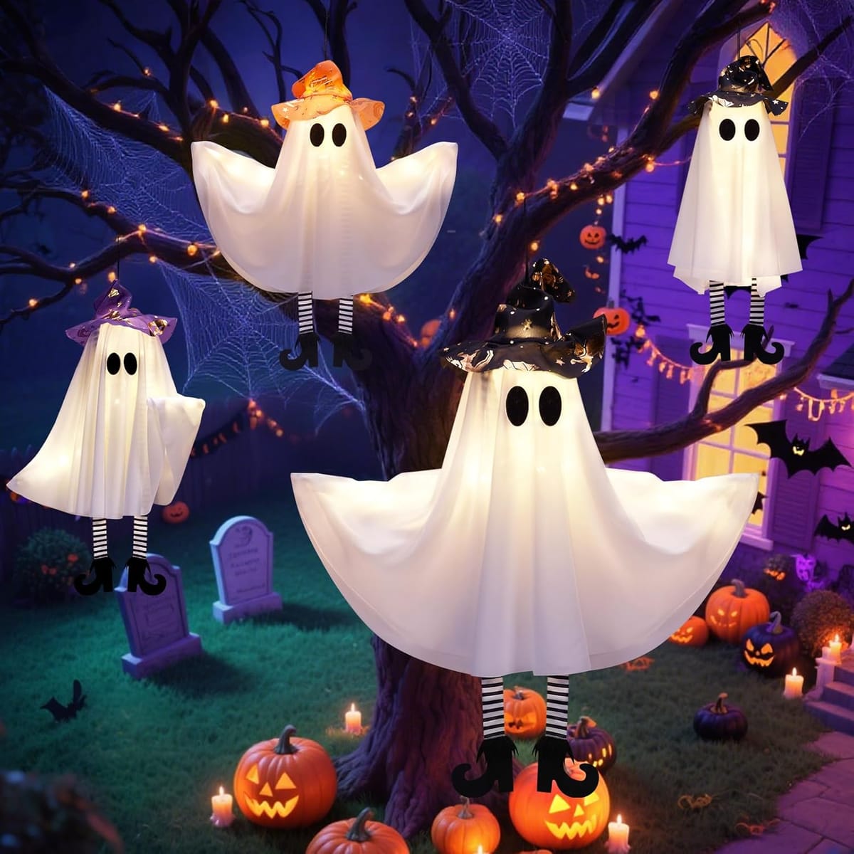 Transform Your Yard with Spooky Hanging Light-Up Ghosts
